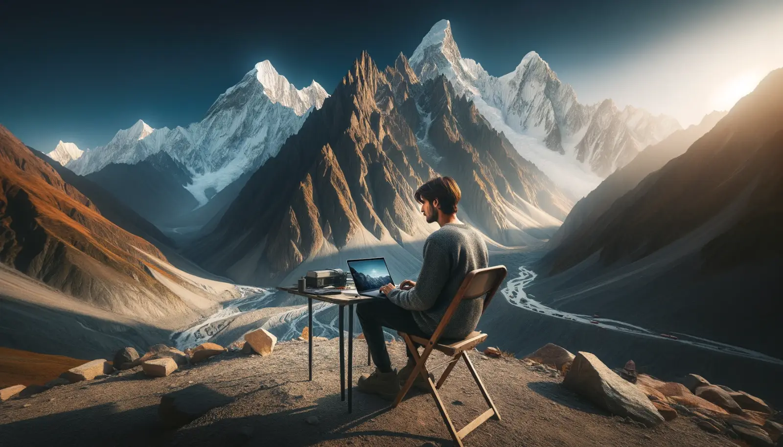 Illustration: working on a laptop in a wide, empty landscape.