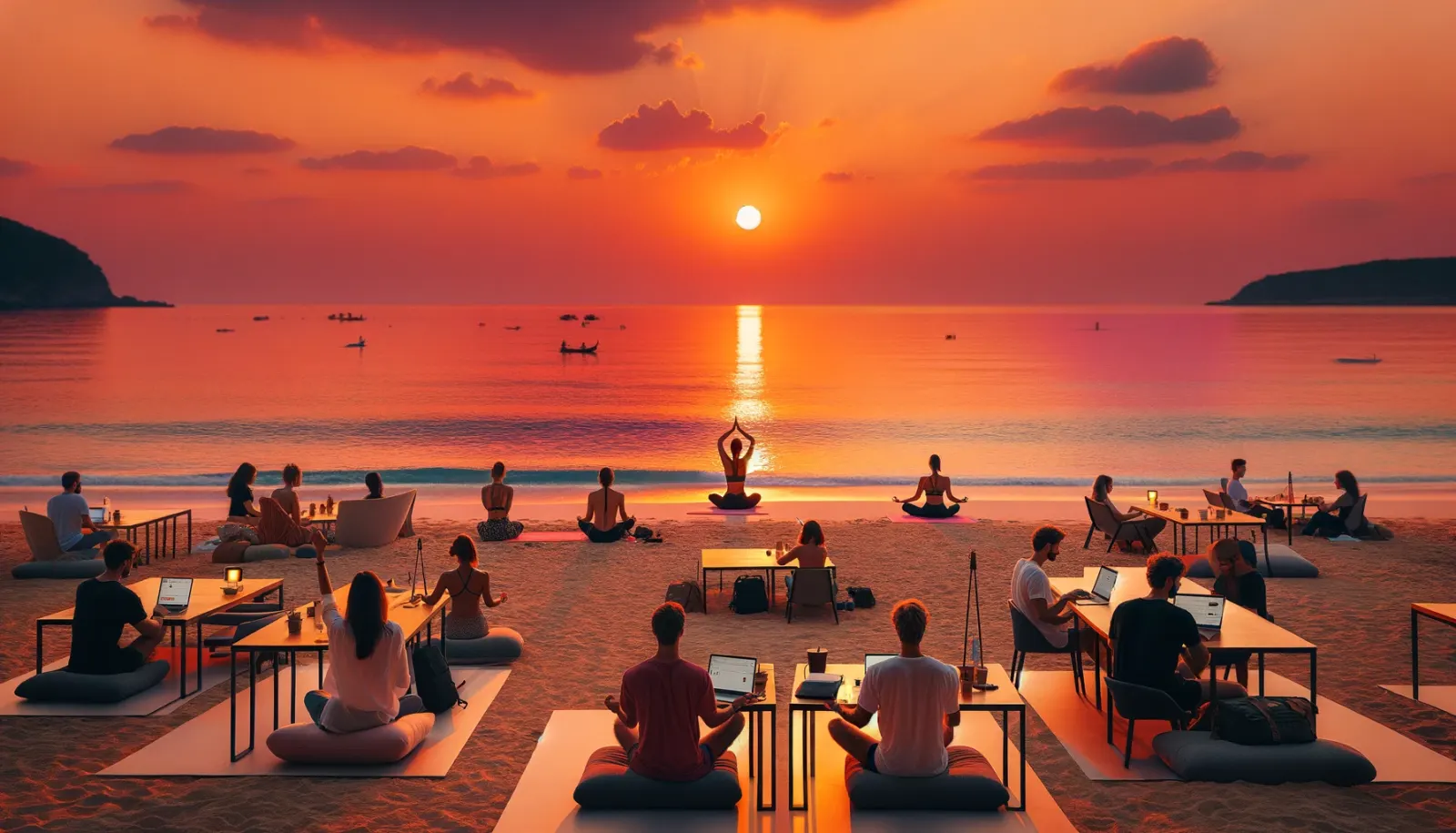 Illustration: people working on laptops and practising yoga on a beach at sunset.