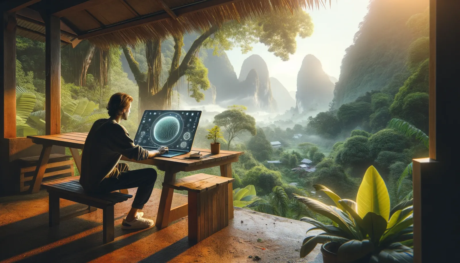 Illustration: working on a laptop at a remote desk, distributed database code on screen.